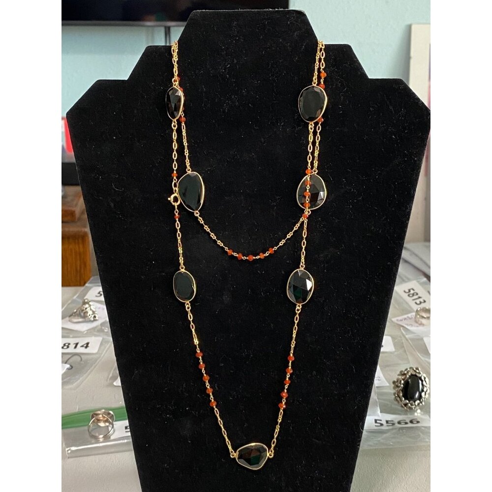 38" Necklace Black Tourmaline Carnelian Faceted Hand-Linked Vermeil Chain Gold O